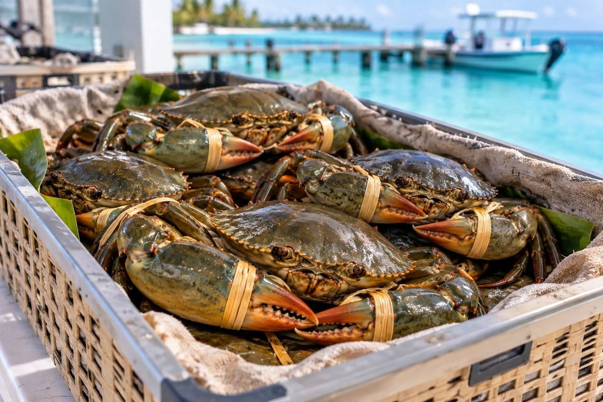 Live mud crabs crated and ready for live delivery by the jetty