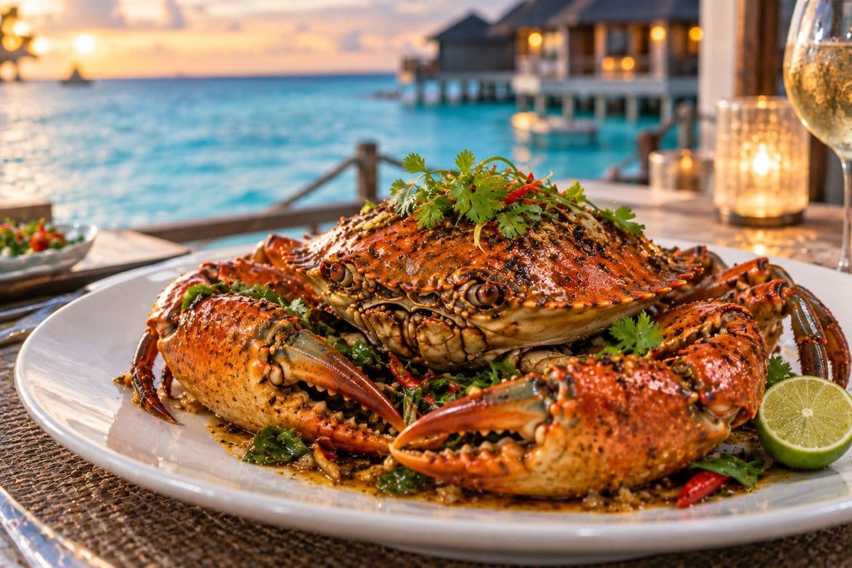 Plated mud crab dish at an overwater Maldives resort restaurant
