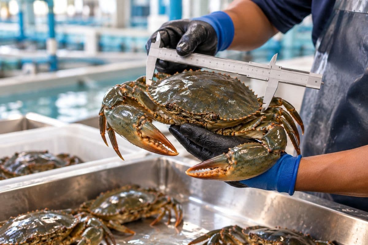Grading a live mud crab by size with calipers