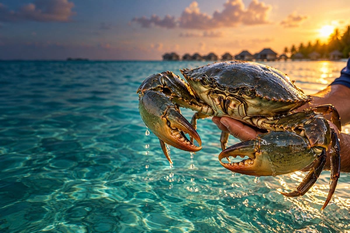 Live mud crab held above a turquoise Maldivian lagoon at sunset