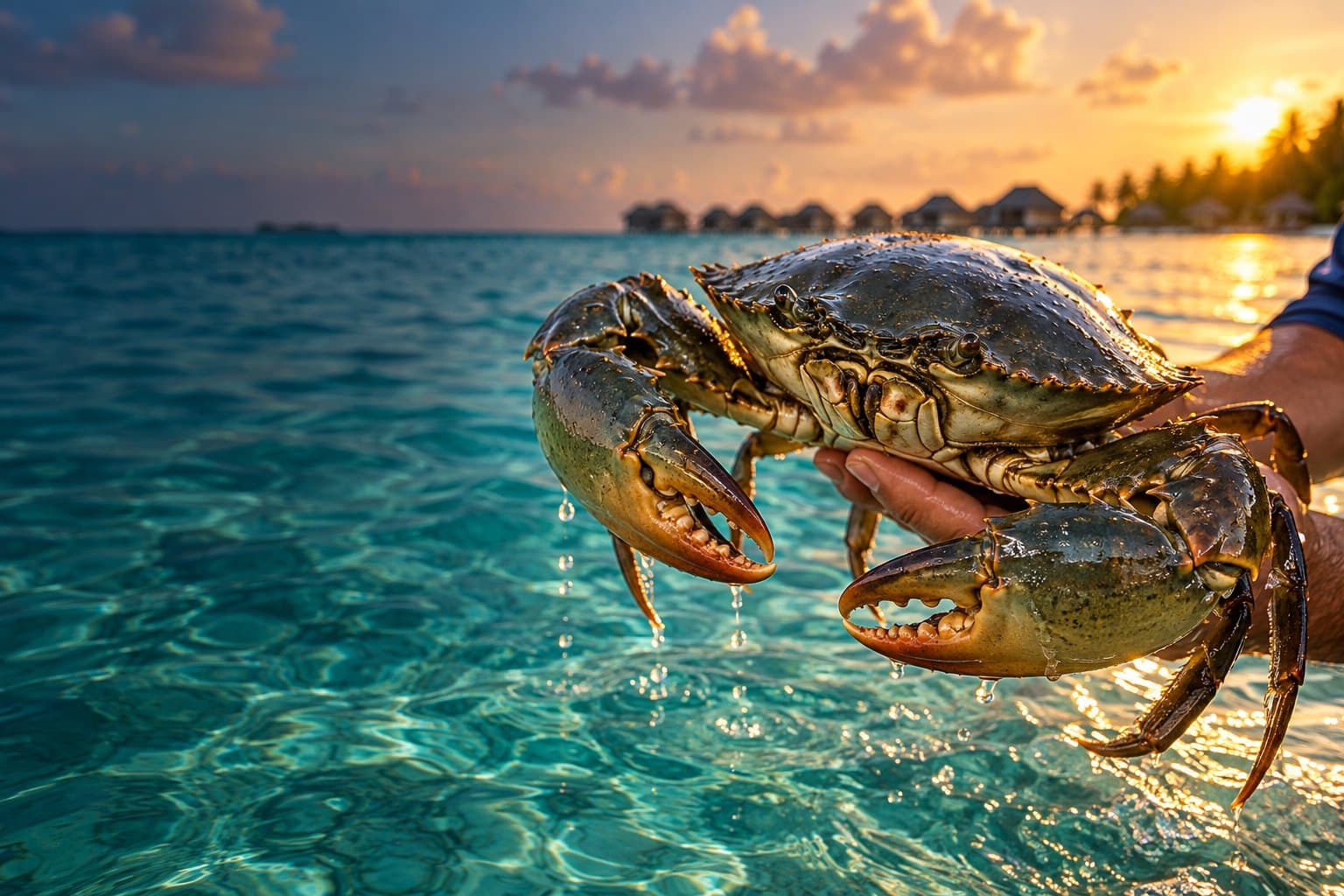 Live mud crab held above a turquoise Maldivian lagoon at sunset