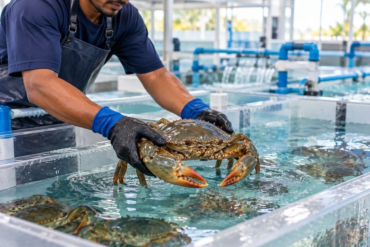 Worker placing a live mud crab into a clean quarantine tank