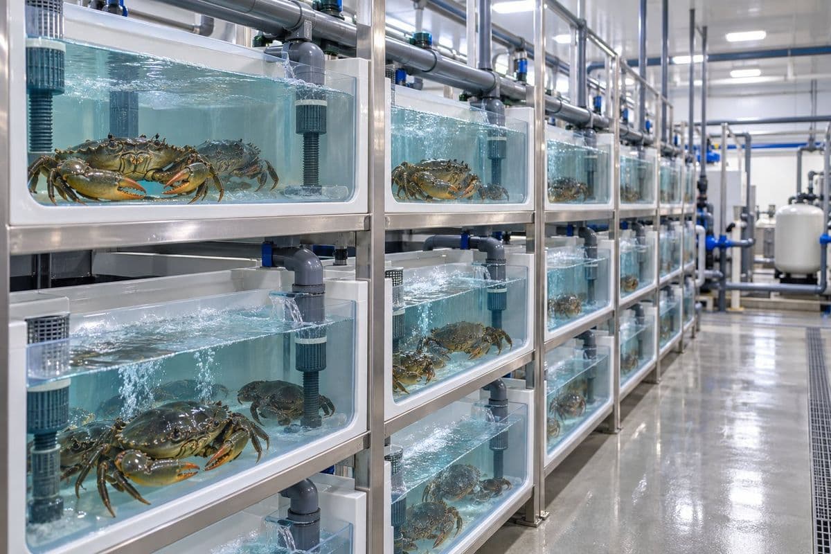 Rows of clean mud crab fattening tanks in a land-based facility