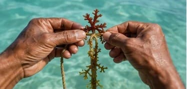 Tying seaweed seedlings to a cultivation line
