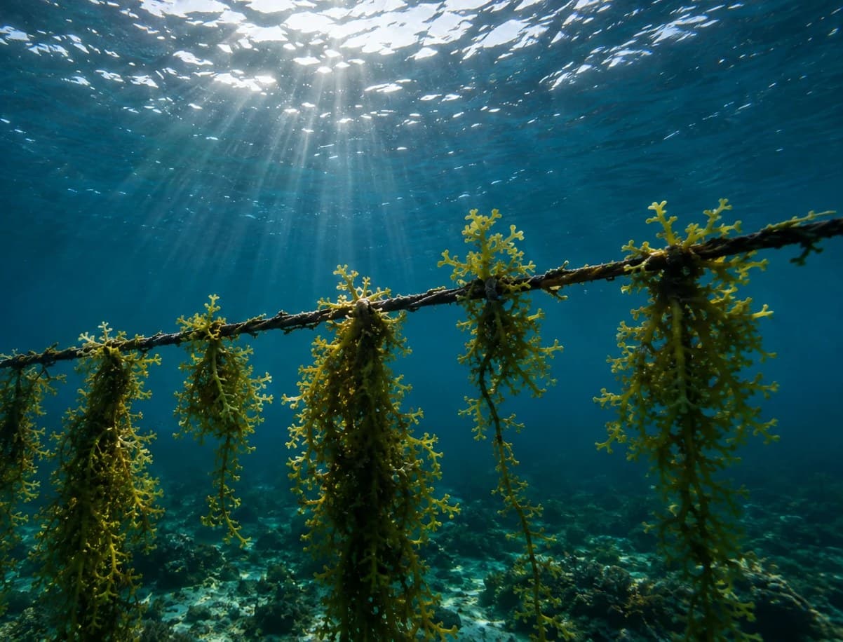 Seaweed growing on a cultivation line underwater, lit by sun rays