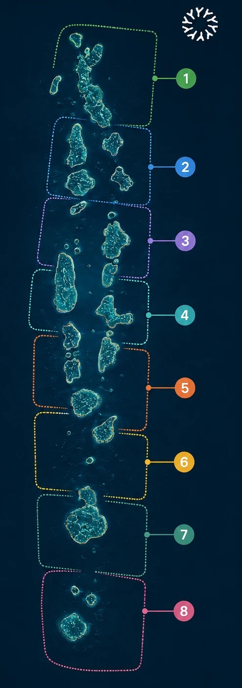 Map of the Maldives divided into Maritoll's eight seaweed zones, north to south
